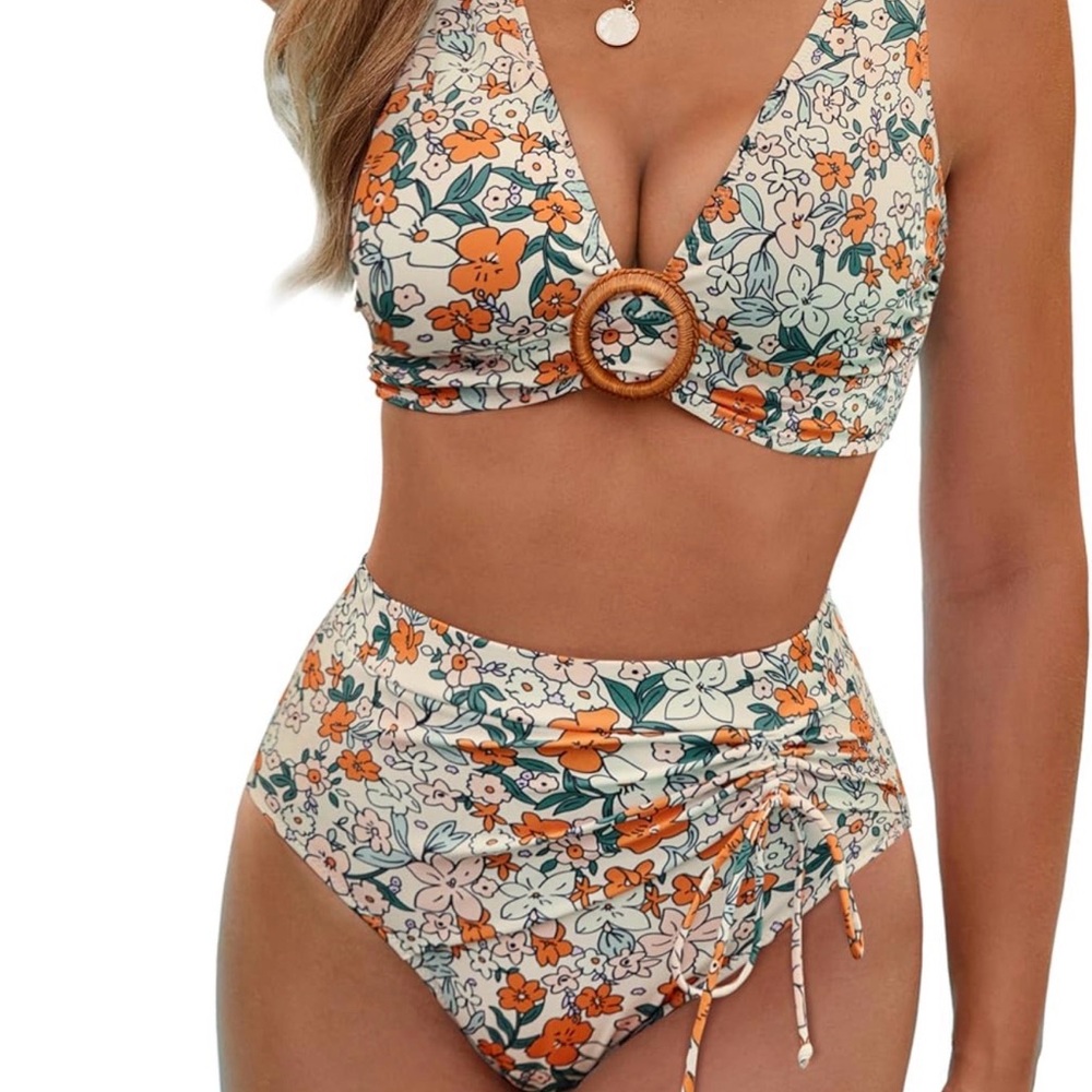 Floral Ring Detail Bikini Set - Orange and Green
